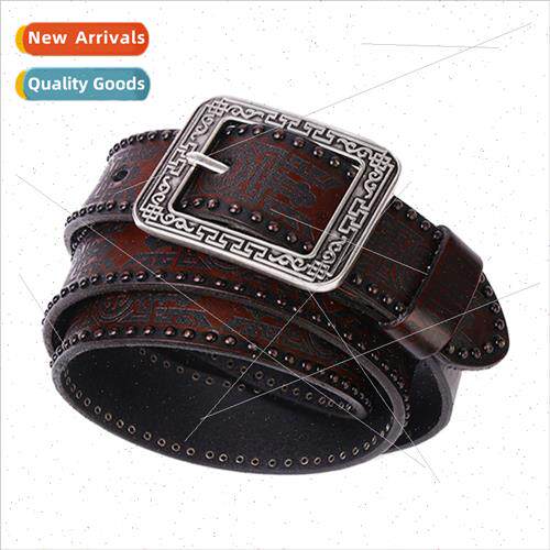 New laser engraved men belt retro rivets casual leather belt