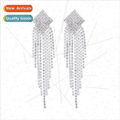 Europe tassel rhinestone earrings female ins full diamond lo