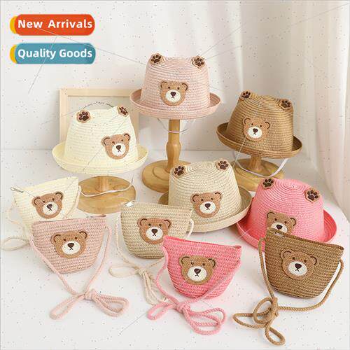 Summer Cartoon Bear Straw Hat Animal Bag Set Summer Sun Shad