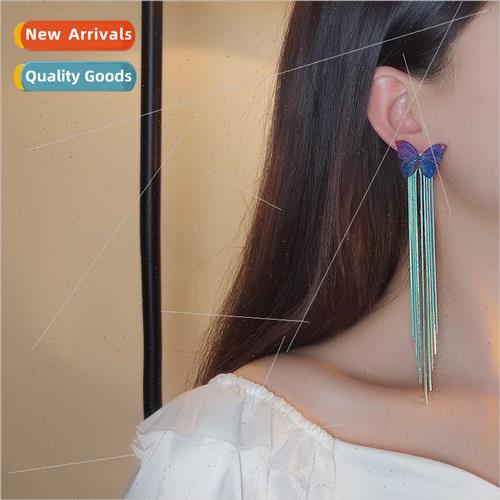 Blue butterfly chain tassel long earrings female new tide Ko