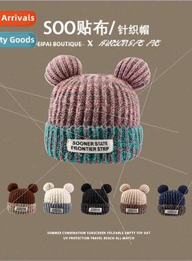 Cute bear ears color blocking knit cap autumn and winter war