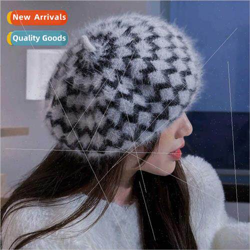 Autumn winter rabb hair warm beret women fashion retro plaid