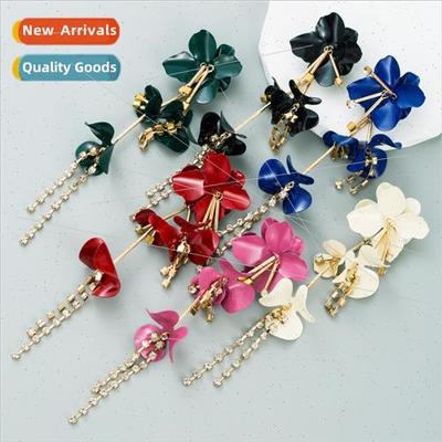 Fashion Metal Baking Lacquer Flower Earrings Europe Rhinesto