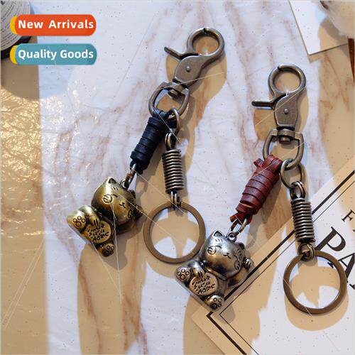 New retro cowhide cowhide metal cute cat pendant cowhide han
