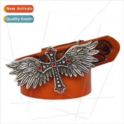 PKKS cowhide belt personalized cross wings hook buckle 38mm