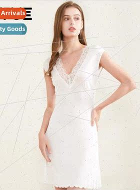 New silk halter nightgown female wooden ear lace sexy deep V