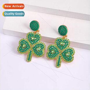 Europe St. Patrick Day Green Shamrock Rice Bead Earrings Per