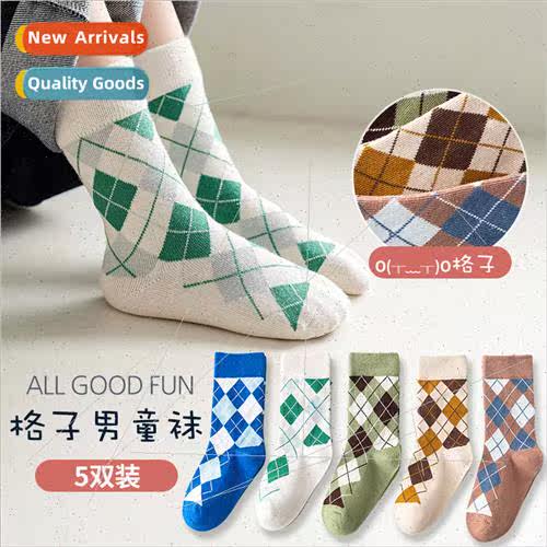 Children socks cotton fall winter boys hundred plaid mid-cal