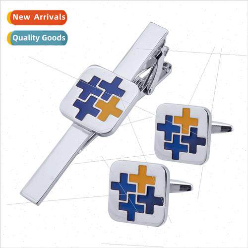high-grade dress square blue yellow cross cufflinks tie clip