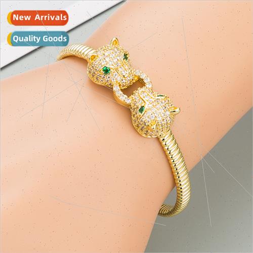 Europe gold leopard head open bracelet brass gold-plated zir