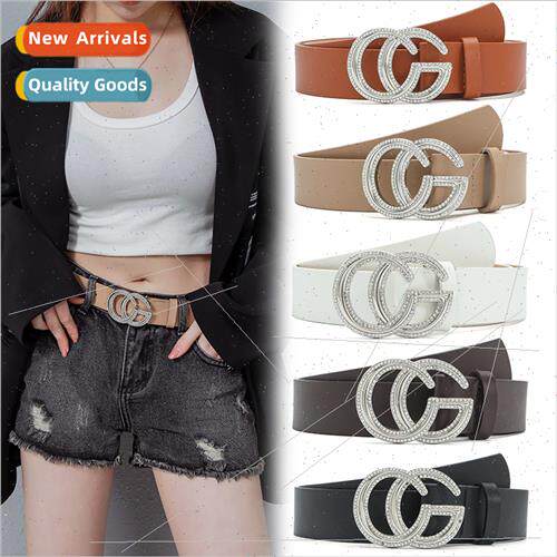 CG Belt Women Hundred Jeans Women Rhinestone Inlaid PU Decor