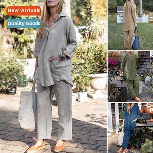 Shirt Solid Loose Pants Leg Wide Sleeve Long Lapel Set 2023
