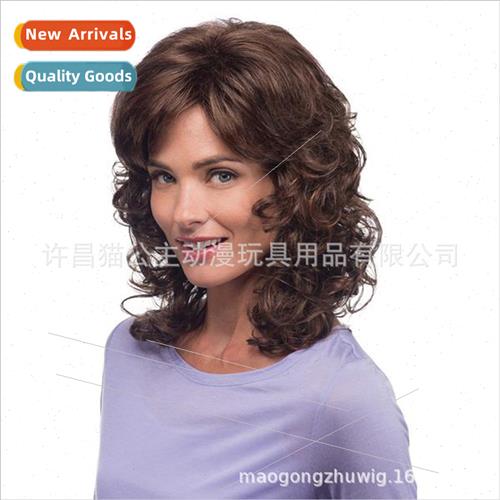 Europe Wigs Women Fluffy Long Curly Hair Angled Bangs Dark B
