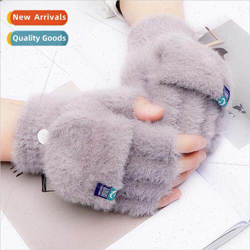 Plush gloves female winter warm students open-fingered flip