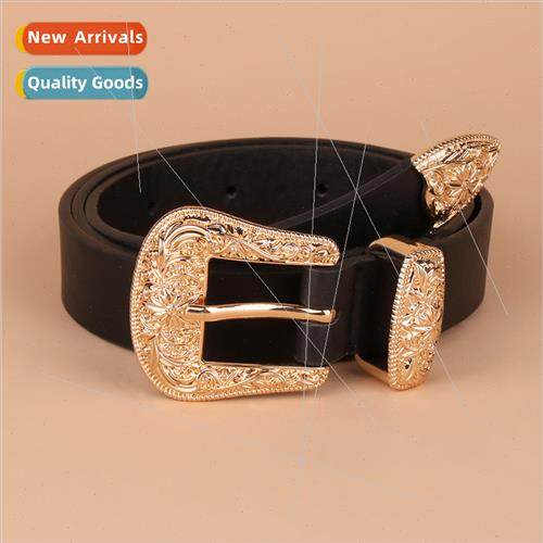 New western buckle carved double buckle belt lerary retro in