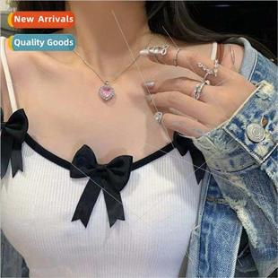 Heart Zirconia Pendant Pink Female Flower Necklace Korea Ice
