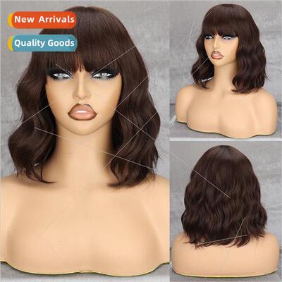 Europe wig fashion women bangs dark brown water wave wig wig