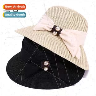 Korean fashion brim hat sun wide female pearl Straw bow