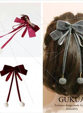 New Year Korean burgundy velvet bow ribbon princess hairpin