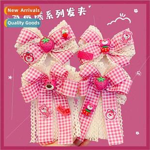 Children hair clips ltle girl strawberry bear plaid lace hai