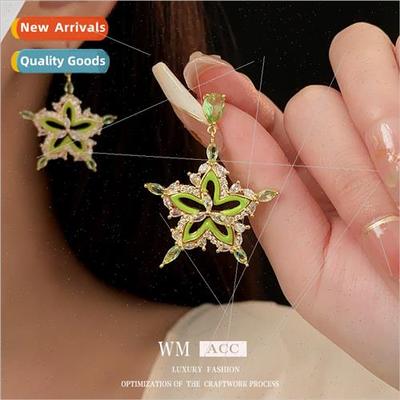 lver needle zirconia drip oil green flower earrings fashion