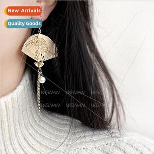 retro foldable metal fan earrings Korea folding handmade