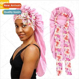 Ethnic printed ribbon satin long sleeping cap beauty hair ca