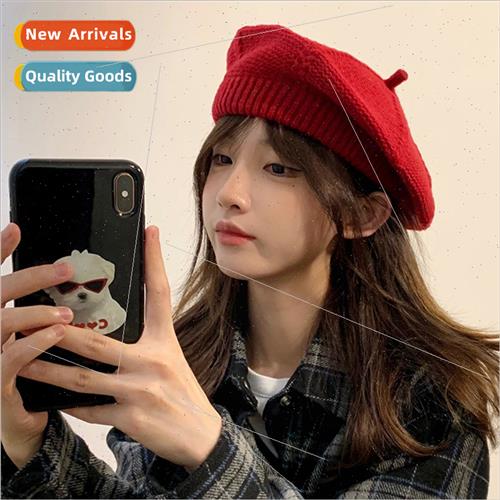 Korean  new ins burgundy knted beret female autumn winter wh