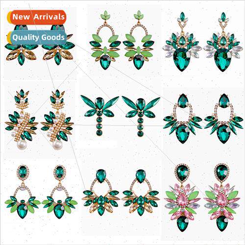 Personalized Fashion Green Earrings Irregular Alloy Diamonds