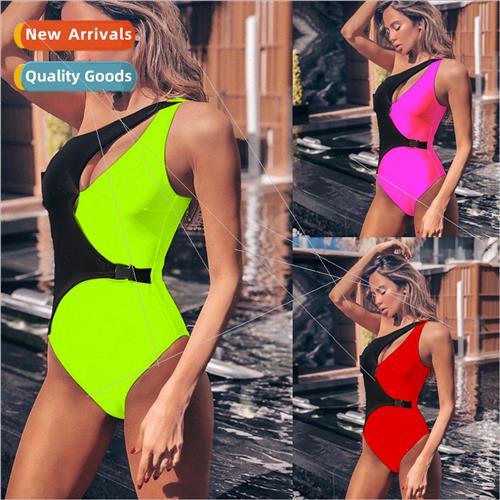 Womens One-piece Swimsu Solid Color Sexy Gathering Socket Ir
