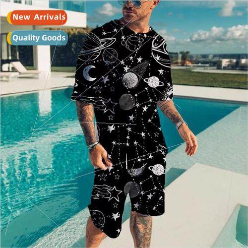 New mens casual short-sleeved suit Digital printing 3D round
