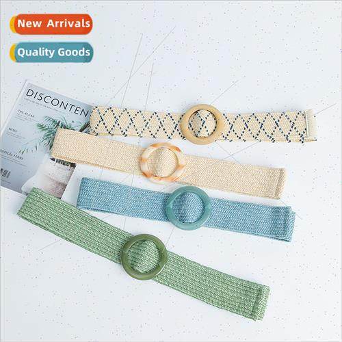 Round buckle elastic rubber PP grass woven belt bohemian spr