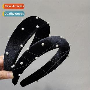 skull wid hair small face show high pearl bands velvet Black