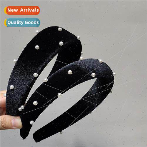 Black velvet hair bands pearl high skull show face small wid