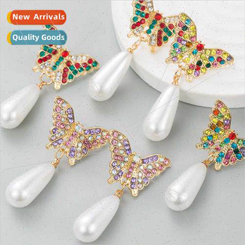 Europe fashion nd alloy diamond butterfly pearl pendant earr