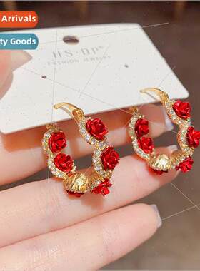 French Romantic Red Rose Flower Ear Clips Chic Chic Chic che