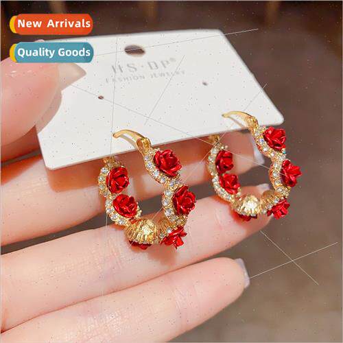 French Romantic Red Rose Flower Ear Clips Chic Chic Chic che