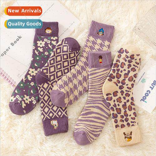 Winter thickened terry socks purple combination fashion ins