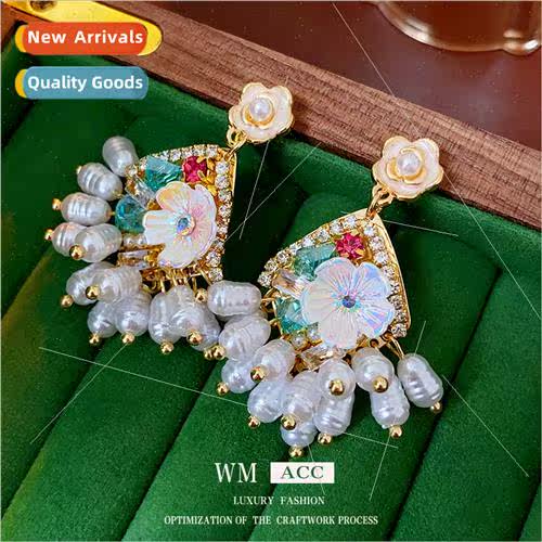 lver needle zirconia oil drop pearl flower tassel earrings f