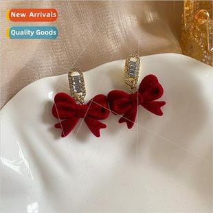 velvet burgundy bow earrings retro French sense