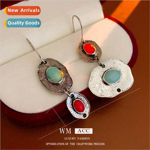 Asymmetrical colorful oval old metal ear hooks retro earring