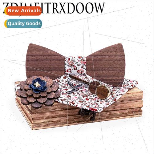 Wooden Bow Tie Set Lapel Clip Cufflinks Wedding Bow Tie Pock