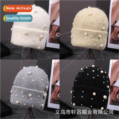 New fashion pearl rabb hair warm knted cap female fall winte