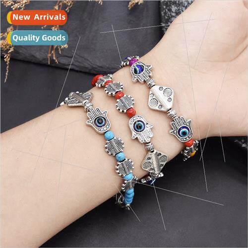 Ethnic Palm Devil Eye Bracelet Vintage Alloy Clover String B