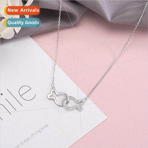 Korea jewelry s925 silver zirconia two fish necklace ladies