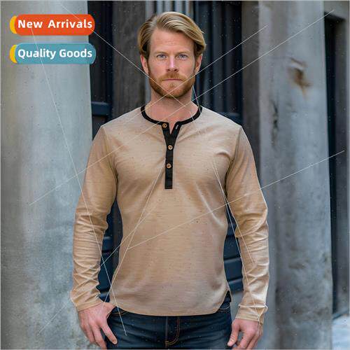 2023 new men tops casual T-shirt color blocking loose long-s