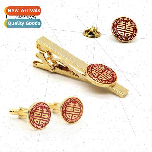 Gold Round Double Happiness Tie Clips Cufflinks Brooch Set G