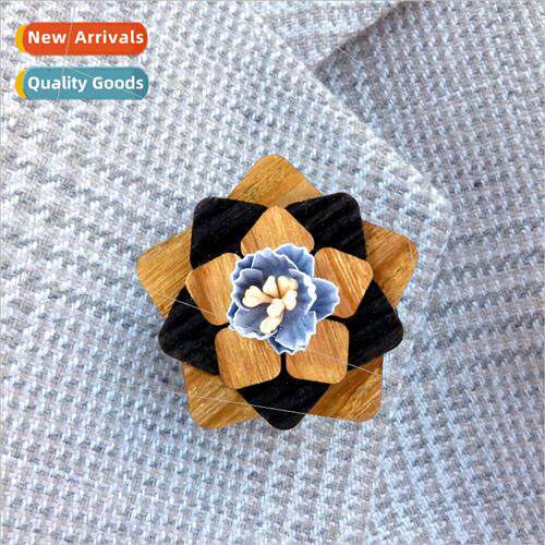High-grade color blocking handmade wooden corsage brooch fiv
