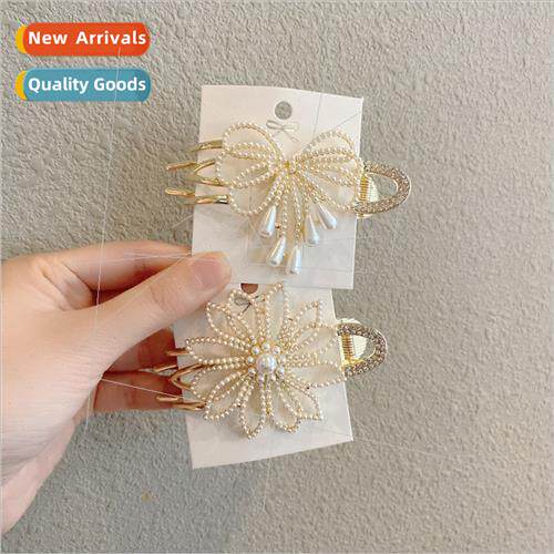 Large duckbill clip pearl rhinestone hair clips female back