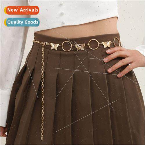 Europe Women Metallic Gold Butterfly Chain Dress Sweater Wai